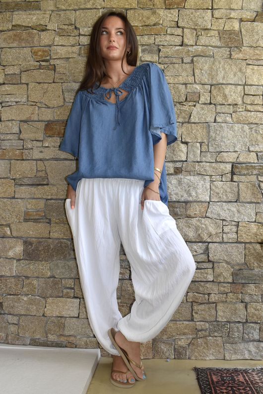 Washed Chambray Shirring Peasant Blouse Mid